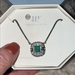 Silver Necklace with Emerald-Green Square Stone and Crystal Halo